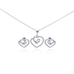 Sterling Silver Rhodium Plated Swirl Open Heart Clear CZ Stud Earring and Dangling Necklace Set
