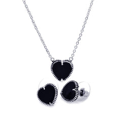 Sterling Silver Rhodium Plated Black Onyx Heart Stud Earring and Necklace Set
