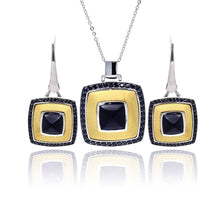 Load image into Gallery viewer, Sterling Silver RhodiumBlack Rhodiumand Gold Plated Square Black CZ Leverback Earring and Necklace Set
