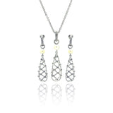 Sterling Silver Rhodium Plated Clear Baguette Flower CZ Stud Earring and Necklace Set
