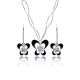 Sterling Silver Rhodium Plated Black Enamel Butterfly Clear CZ Hook Earring and Necklace Set
