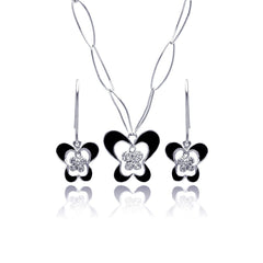 Sterling Silver Rhodium Plated Black Enamel Butterfly Clear CZ Hook Earring and Necklace Set