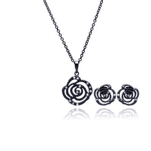 Load image into Gallery viewer, Sterling Silver Black Rhodium Plated Open Flower Rose Clear CZ Stud Earring and Necklace Set