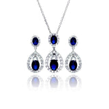 Sterling Silver Rhodium Plated Blue and Clear Teardrop CZ Hanging Stud Earring and Necklace Set