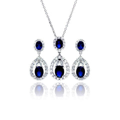 Sterling Silver Rhodium Plated Blue and Clear Teardrop CZ Hanging Stud Earring and Necklace Set