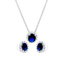 Load image into Gallery viewer, Sterling Silver Rhodium Plated Blue and Clear Cluster Oval CZ Stud Earring and Necklace Set