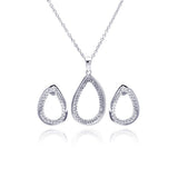 Sterling Silver Rhodium Plated Clear Open Teardrop CZ Stud Earring and Necklace Set