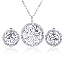 Load image into Gallery viewer, Sterling Silver Rhodium Plated Flower Rose Outline Circle Clear CZ Stud Earring and Necklace Set