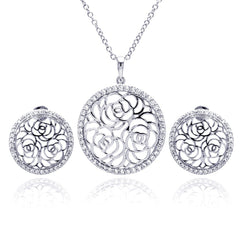 Sterling Silver Rhodium Plated Flower Rose Outline Circle Clear CZ Stud Earring and Necklace Set