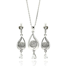 Load image into Gallery viewer, Sterling Silver Rhodium Plated Teardrop Clear CZ Dangling Stud Earring and Dangling Necklace Set