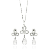 Sterling Silver Rhodium Plated Clear Ribbon CZ Hanging Stud Earring and Necklace Set