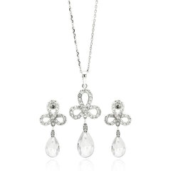 Sterling Silver Rhodium Plated Clear Ribbon CZ Hanging Stud Earring and Necklace Set