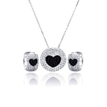 Load image into Gallery viewer, Sterling Silver Rhodium and Black Rhodium Plated Clear and Black Heart Disc Rectangle CZ Hoop Earring and Necklace Set