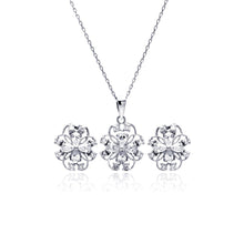 Load image into Gallery viewer, Sterling Silver Rhodium Plated Flower Outline Clear CZ Stud Earring and Necklace Set