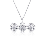 Sterling Silver Rhodium Plated Flower Outline Clear CZ Stud Earring and Necklace Set