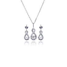 Load image into Gallery viewer, Sterling Silver Rhodium and Gold Plated Open Flower Outline Clear CZ Hook Earring and Necklace Set