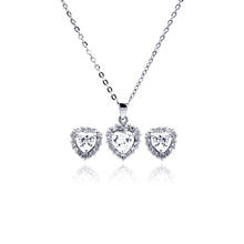 Load image into Gallery viewer, Sterling Silver Rhodium Plated Heart Clear CZ Stud Earring and Necklace Set