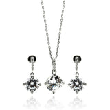 Sterling Silver Rhodium Plated Clear Round CZ Dangling Stud Earring and Necklace Set