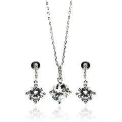 Sterling Silver Rhodium Plated Clear Round CZ Dangling Stud Earring and Necklace Set
