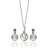 Sterling Silver Rhodium Plated Clear Round CZ Hanging Stud Earring and Hanging Necklace Set
