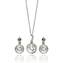Sterling Silver Rhodium Plated Clear Round CZ Hanging Stud Earring and Hanging Necklace Set