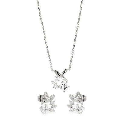 Sterling Silver Rhodium Plated Individual Clear Twist Wrap CZ Stud Earring and Necklace Set