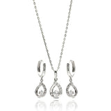 Sterling Silver Rhodium Plated Oepn Teardrop Clear CZ Leverback Earring and Necklace Set