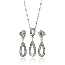 Load image into Gallery viewer, Sterling Silver Rhodium Plated Clear Open Teardrop CZ Dangling Stud Earring and Dangling Necklace Set