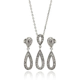 Sterling Silver Rhodium Plated Clear Open Teardrop CZ Dangling Stud Earring and Dangling Necklace Set