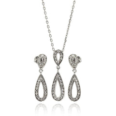 Sterling Silver Rhodium Plated Clear Open Teardrop CZ Dangling Stud Earring and Dangling Necklace Set