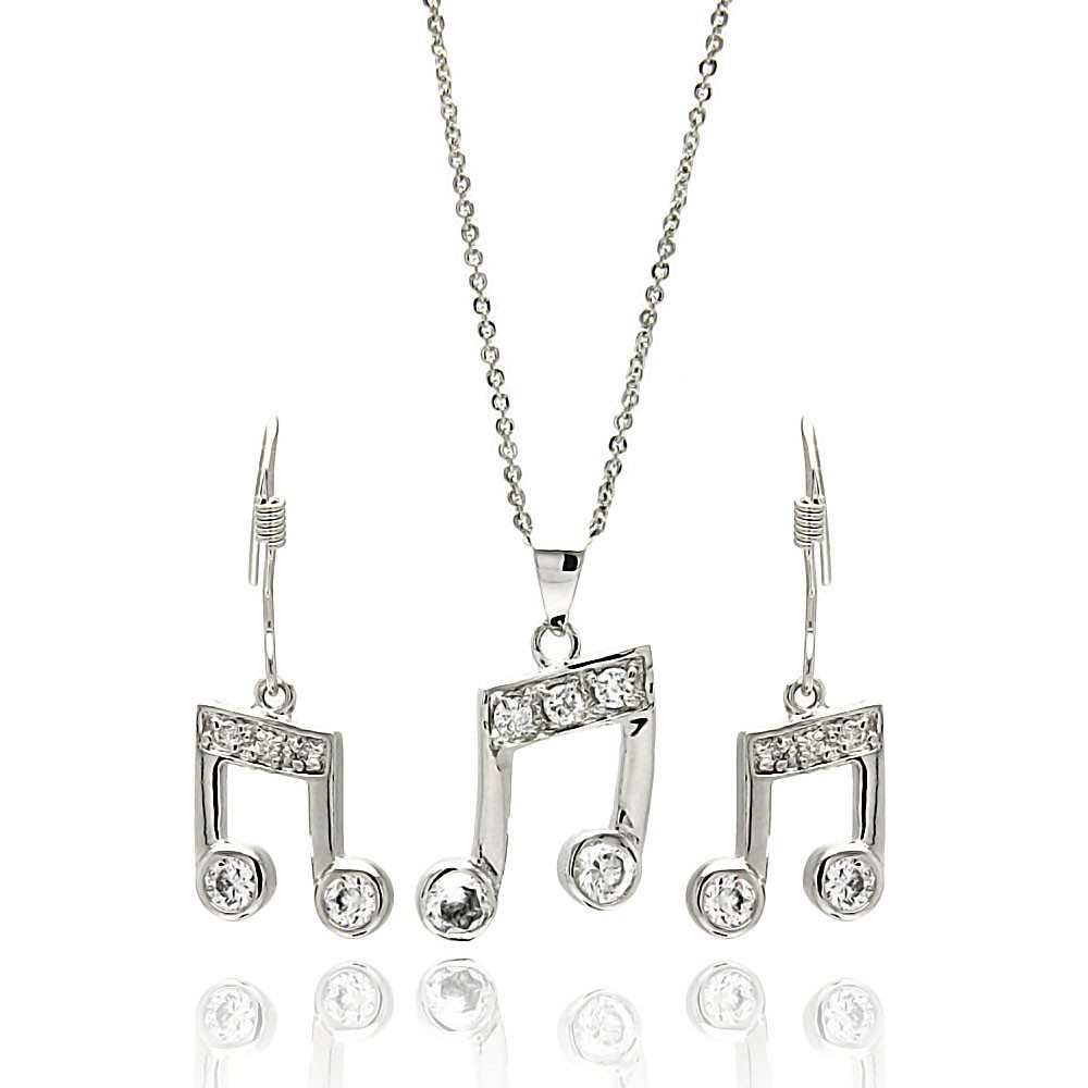 Sterling Silver Rhodium Plated Musical Note Clear CZ Hook Earring and Dangling Necklace Set