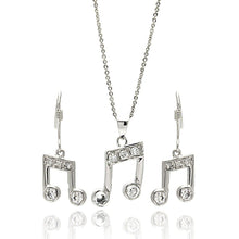 Load image into Gallery viewer, Sterling Silver Rhodium Plated Musical Note Clear CZ Hook Earring and Dangling Necklace Set