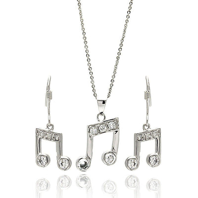 Sterling Silver Rhodium Plated Musical Note Clear CZ Hook Earring and Dangling Necklace Set