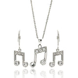 Sterling Silver Rhodium Plated Musical Note Clear CZ Hook Earring and Dangling Necklace Set