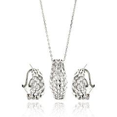 Sterling Silver Rhodium Plated Multi Row Clear CZ French Clip Earring and Necklace Set