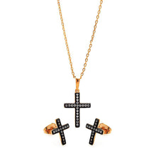 Load image into Gallery viewer, Sterling Silver Black Rhodium and Gold Plated Cross Clear CZ Stud Earring and Necklace Set