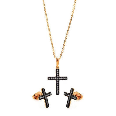 Sterling Silver Black Rhodium and Gold Plated Cross Clear CZ Stud Earring and Necklace Set