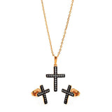 Sterling Silver Black Rhodium and Gold Plated Cross Clear CZ Stud Earring and Necklace Set