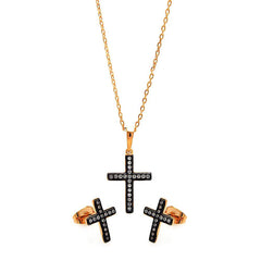 Sterling Silver Black Rhodium and Gold Plated Cross Clear CZ Stud Earring and Necklace Set