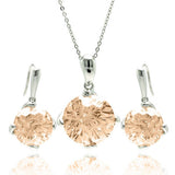 Sterling Silver Rhodium Plated Round Brown CZ Hook Earring and Necklace Set