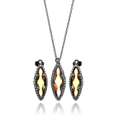Sterling Silver Black Rhodium Plated Champagne and Clear Marquise Shaped CZ Stud Earring and Necklace Set