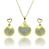 Sterling Silver Gold Plated Clear Heart Circle Disc CZ Stud Earring and Necklace Set