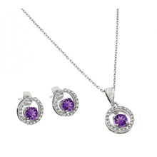 Load image into Gallery viewer, Sterling Silver Rhodium Plated Clear and Purple Round Open Circle CZ Stud Earring and Dangling Necklace Set