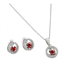 Load image into Gallery viewer, Sterling Silver Rhodium Plated Clear and Red Round Open Circle CZ Stud Earring and Dangling Necklace Set