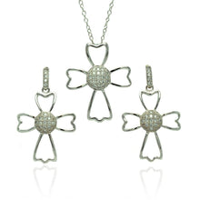 Load image into Gallery viewer, Sterling Silver Rhodium Plated Micro Pave Clear Cross Outline CZ Danlgling Stud Earring and Necklace Set