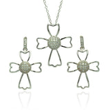 Sterling Silver Rhodium Plated Micro Pave Clear Cross Outline CZ Danlgling Stud Earring and Necklace Set