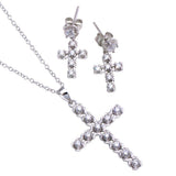 Sterling Silver Rhodium Plated Clear Cross CZ Stud Earring and Necklace Set