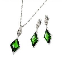 Load image into Gallery viewer, Sterling Silver Rhodium Plated Clear Inlay Green Diamond Shaped CZ Dangling Stud Earring and Dangling Necklace Set