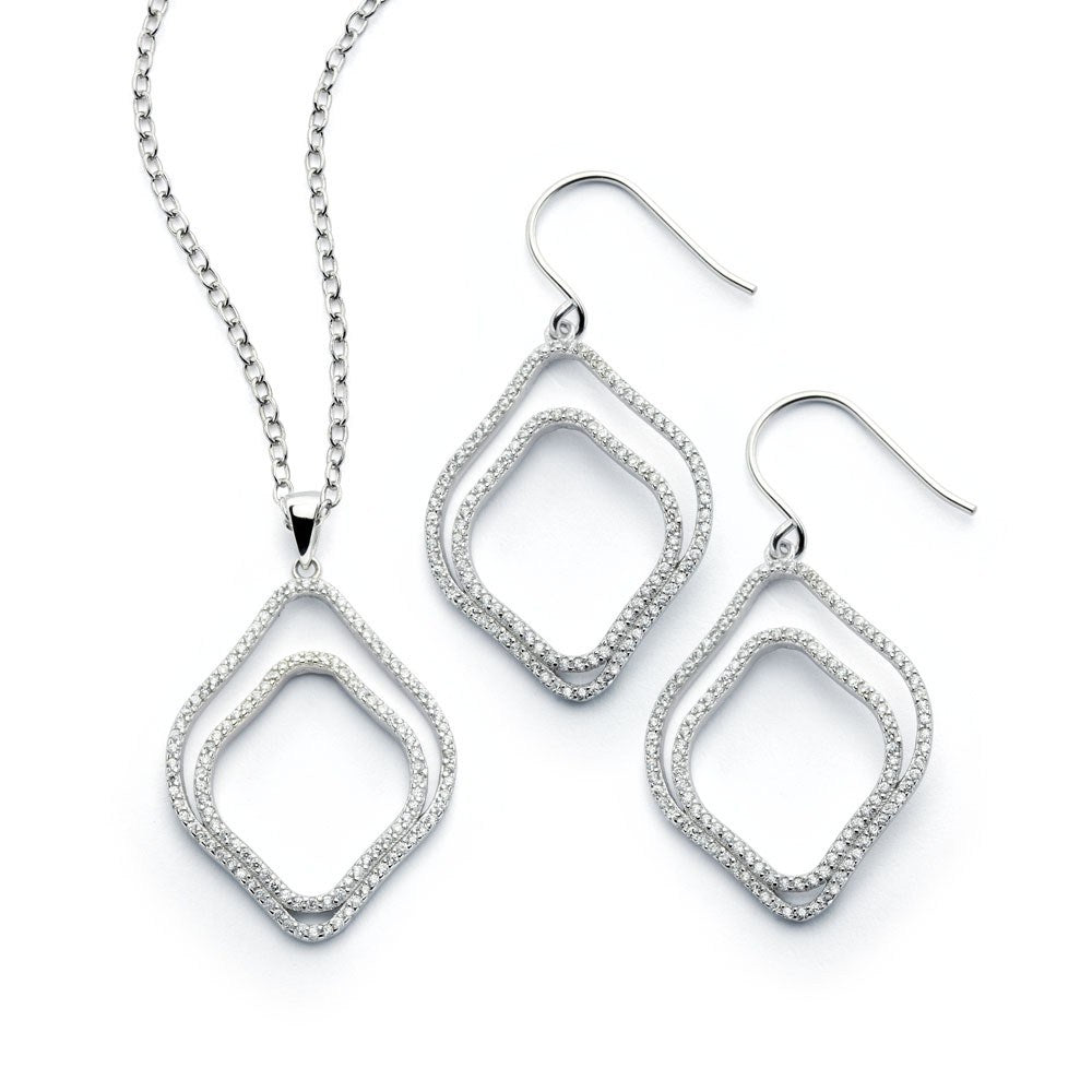 Sterling Silver Rhodium Plated Clear Double Diamond Shaped Outline CZ Hook Earring and Necklace Set