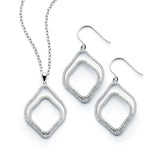 Sterling Silver Rhodium Plated Clear Double Diamond Shaped Outline CZ Hook Earring and Necklace Set